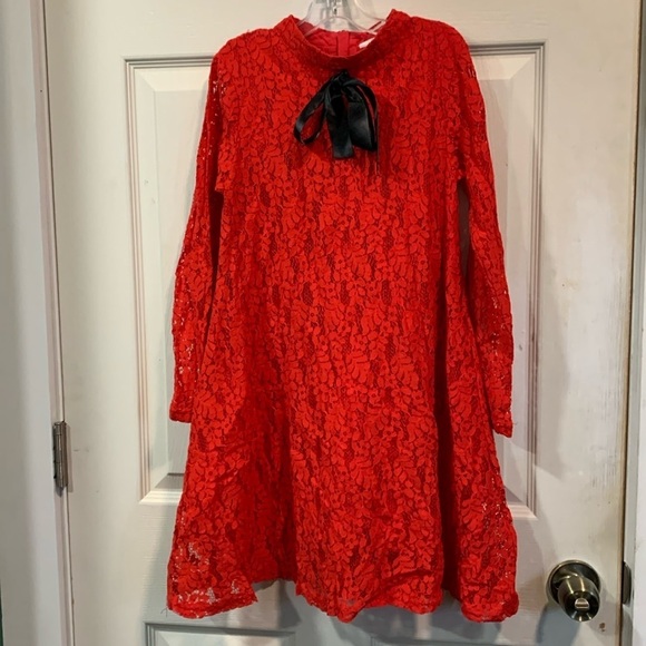 Bonny Billy Lace A-line Swing Dress Red with Black Bow Long Sleeve size 10/11 - Picture 1 of 6